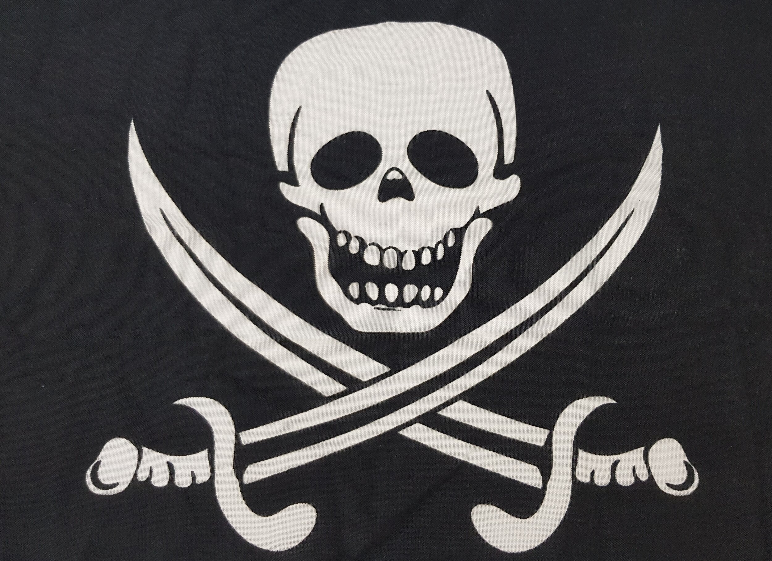 Pirate flag, printed white pirate skull with two swords crossing on a black flag