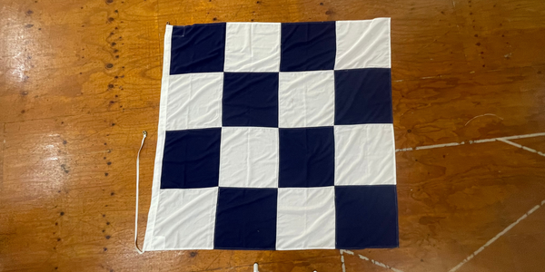 Blue and white square chequered flag